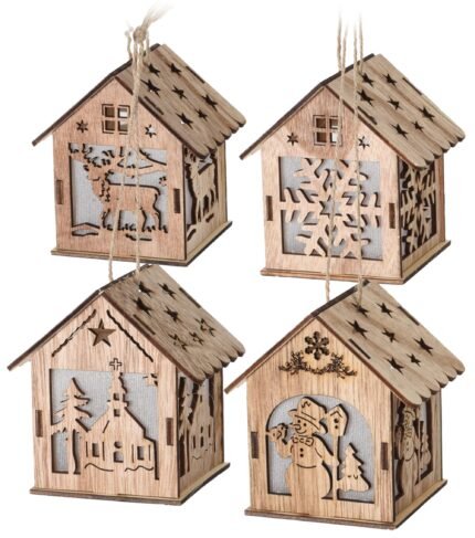 LED коледна декорация и фенер тип дървена къщичка, батерии, 9х6см